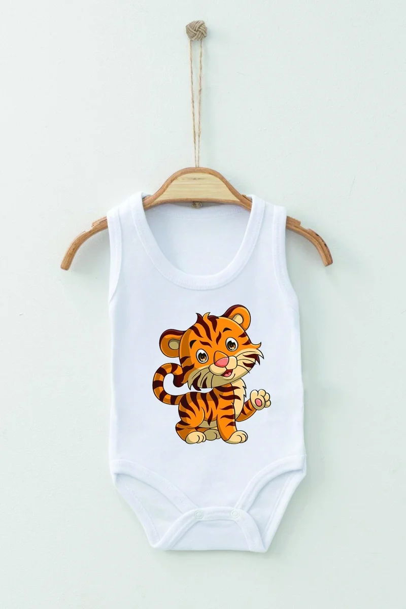 Ada Bebek Çocuk Ada Baby Kid Adabebek Cotton Organic Tiger Patterned Strappy Bodysuit Baby Bodysuit