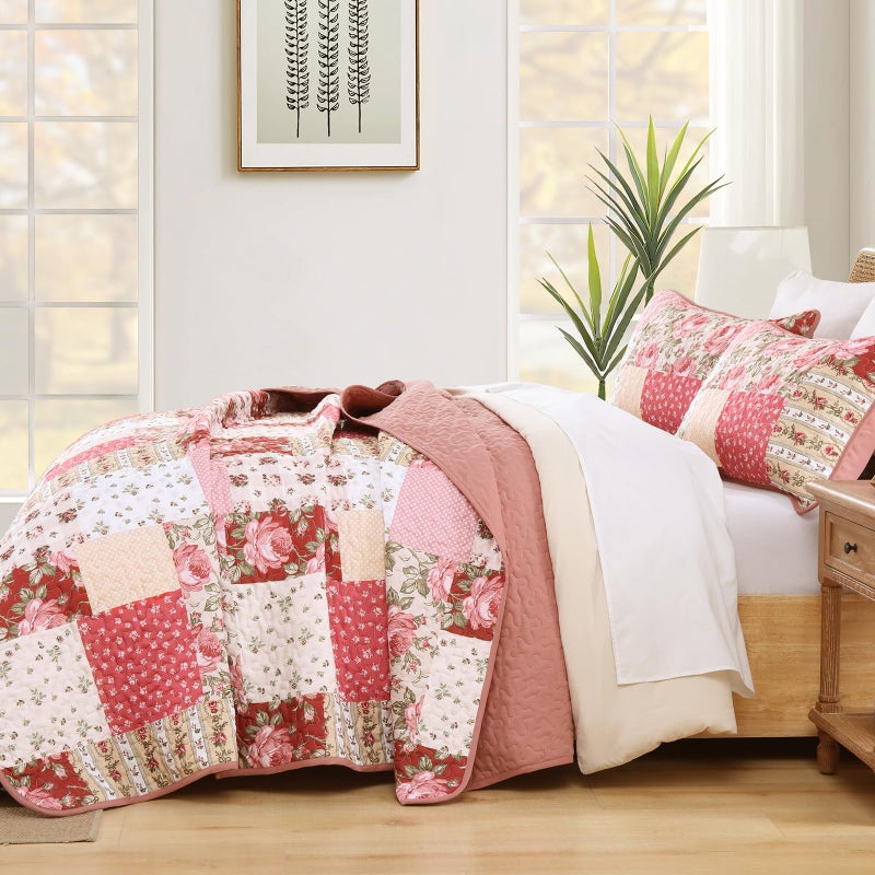 Anibedding 3Pieces Patchwork Quilts Queen Size, Bohemian Red Flower Plaid Bedspreads with Double Pillowcases for All Season - Image 4