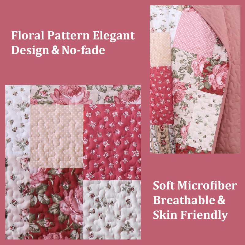 Anibedding 3Pieces Patchwork Quilts Queen Size, Bohemian Red Flower Plaid Bedspreads with Double Pillowcases for All Season - Image 3