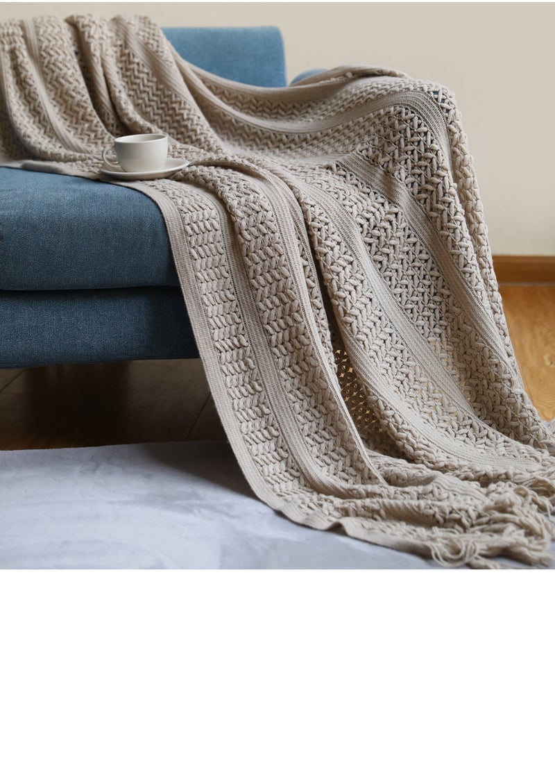 Loquat Solid Color Tassel Design Hollowed Knitted Soft Throw Blanket Khaki 