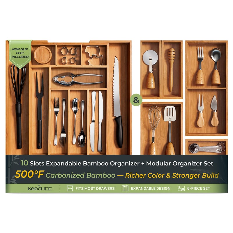 keechee 6Piece Bamboo Drawer Organizer Set 22 Deep MultiUse Organizers for Utensils Silverware Cutlery Desk Bathroom Junk Drawer  Makeup NonSlip Feet Included