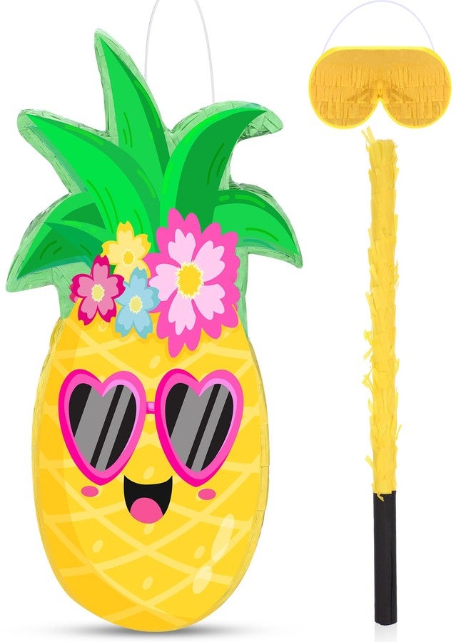 Threan Small Pineapple Piñata Summer Fruit Piñata with Blindfold Bat for Hawaiian Tropical Luau Party Supplies Pineapple Themed Birthday Decorations, 16.5 x 11.2 x 3.1 Inch - Image 1
