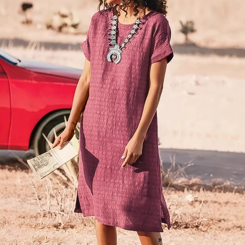 Plus Size Women's Round Neck Short Sleeve Split Pleated Dress - Image 4