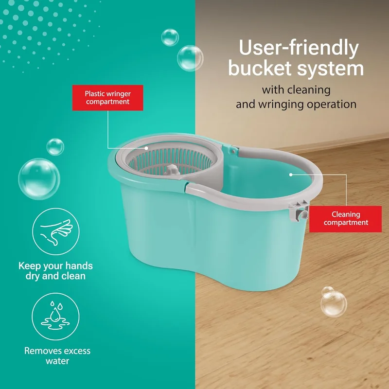 Milton Spotzero by Milton Spin Mop and Bucket with 1 Microfiber Refill, Liquid Dispenser, Wringer Set - Extendable Handle 360° Spinning Mop for Floor Cleaning, ممسحة ارضيات - Ace - Aqua Green