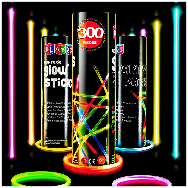 Play22 300 Pc 8” Ultra Bright Glow Sticks Bulk Party Pack - Halloween Glow in The Dark Party Favors - Glowsticks Party Supplies Pack Necklaces and Bracelets - Image 2