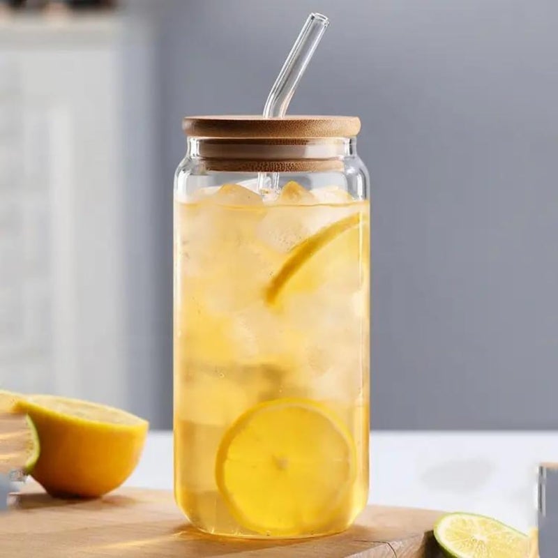 GipiBox Ice Juice Drinks Glass Can Mug with Straw for MilkCoffeeGreen Tea Cup Set of 1500ml Transparent Can Shape Cup Pack of 1 Wooden LID CAN - Image 1