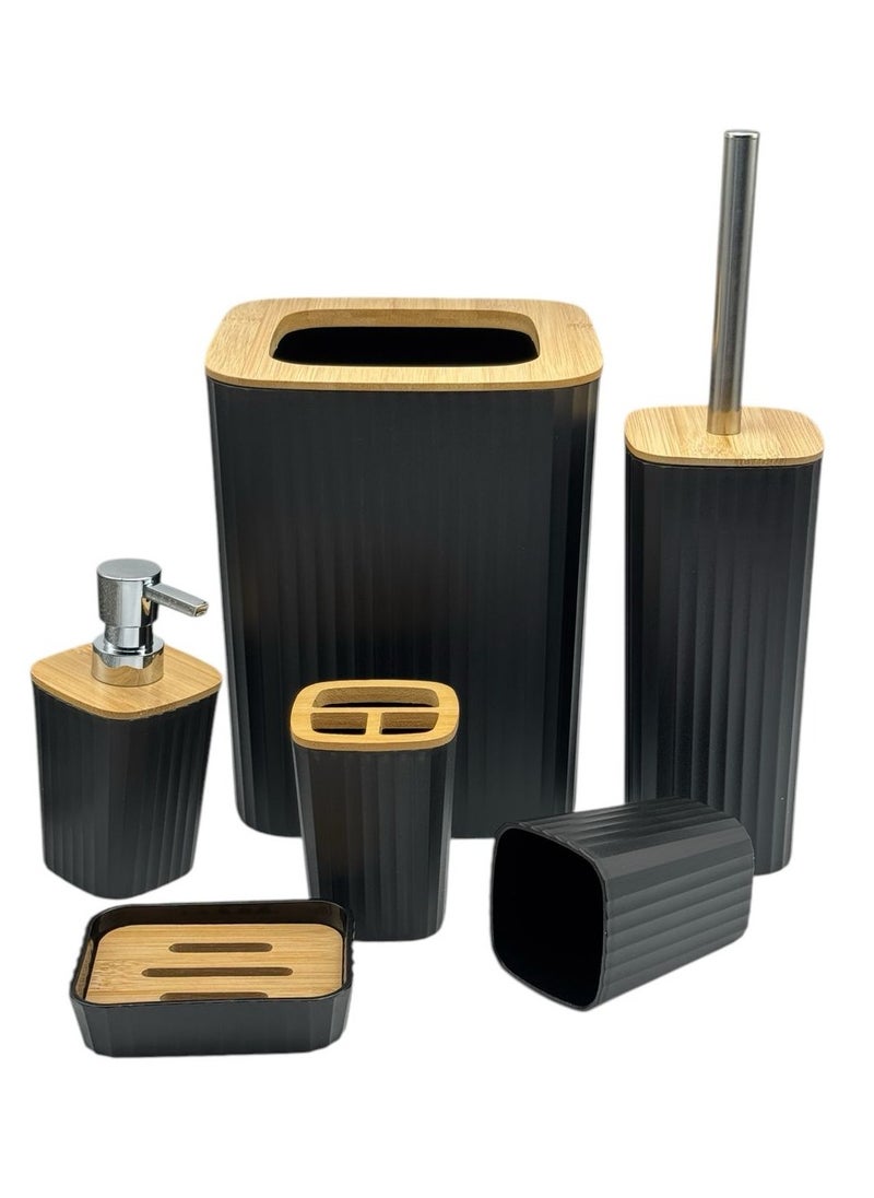 QSHOP QShop®️ Bamboo Bathroom Accessories Set, 6 Pieces, Luxury Modern Bathroom Accessories Set, Toilet Accessories with Waste Bin, Cup, Toothbrush Holder, Soap Dish Holder, and Soap Dispenser  - Image 1