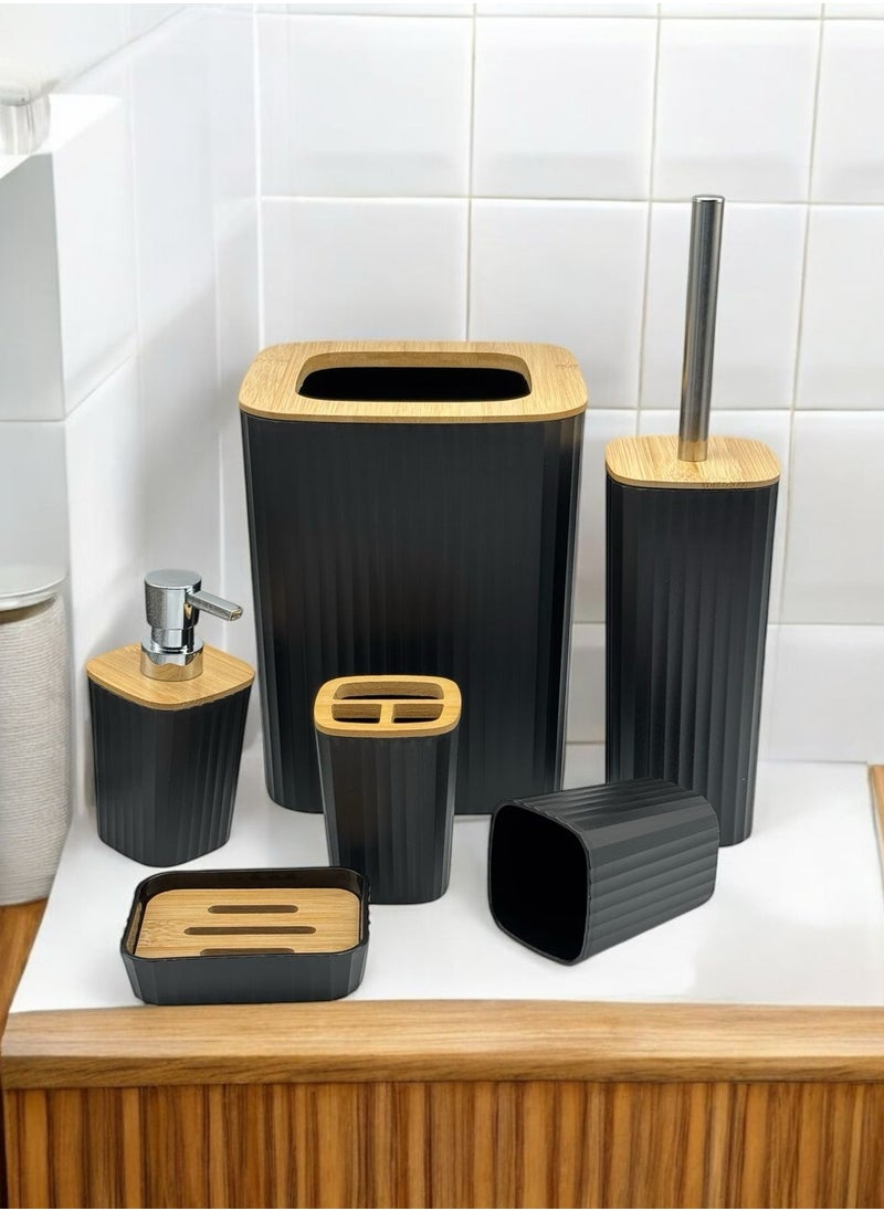 QSHOP QShop®️ Bamboo Bathroom Accessories Set, 6 Pieces, Luxury Modern Bathroom Accessories Set, Toilet Accessories with Waste Bin, Cup, Toothbrush Holder, Soap Dish Holder, and Soap Dispenser  - Image 2