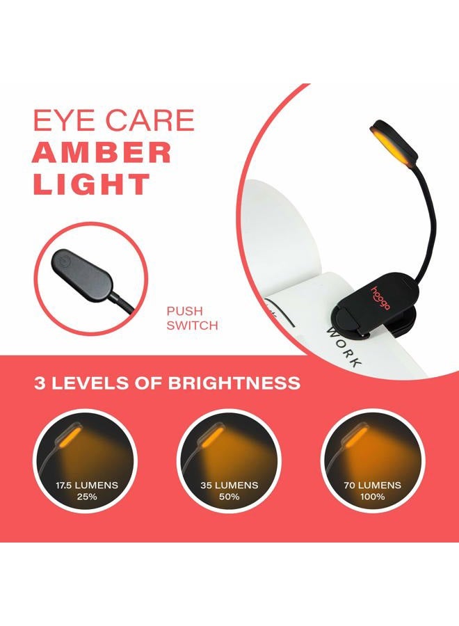 Hooga - Amber Book Light, Rechargeable with Blue Light Blocking Clip, 1600K LED Reading Light, Warm Eye Care for Bed, Students, Kids, Travel, Nursing, Studying - Image 3