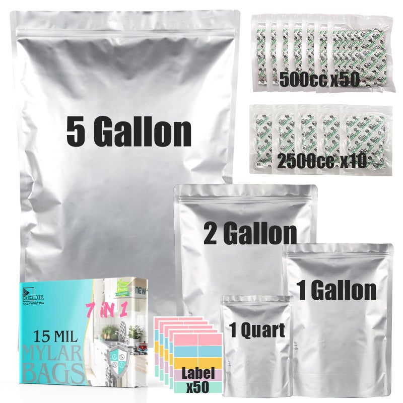 SHXWELL 50pcs Mylar Bags for Food Storage With Oxygen Absorbers, 15 Mil Extra Thick Mylar Bags, 4 Size Set(5 Gallon, 2 Gallon, 1 Gallon, 1 Quart)2500cc and 400cc Oxy-Sorb (Individually Sealed) - Image 1