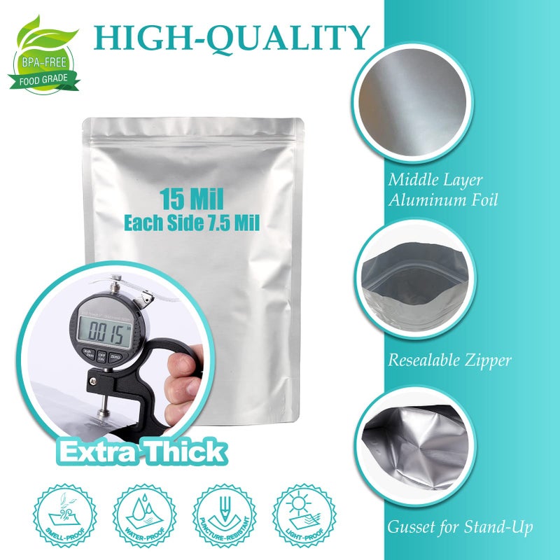 SHXWELL 50pcs Mylar Bags for Food Storage With Oxygen Absorbers, 15 Mil Extra Thick Mylar Bags, 4 Size Set(5 Gallon, 2 Gallon, 1 Gallon, 1 Quart)2500cc and 400cc Oxy-Sorb (Individually Sealed) - Image 3