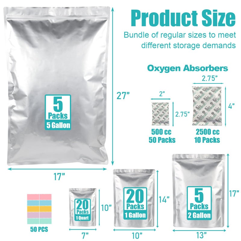 SHXWELL 50pcs Mylar Bags for Food Storage With Oxygen Absorbers, 15 Mil Extra Thick Mylar Bags, 4 Size Set(5 Gallon, 2 Gallon, 1 Gallon, 1 Quart)2500cc and 400cc Oxy-Sorb (Individually Sealed) - Image 2