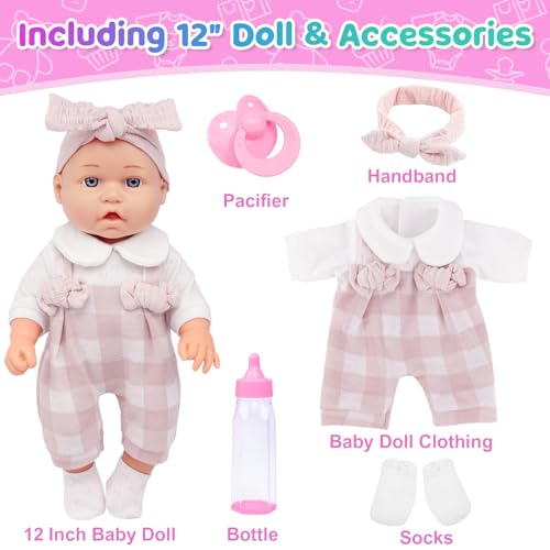 Ecore Fun 12 Baby Doll and Clothes Accessories Playset  6 Pcs 12 Inch Doll with Pink Romper Outfit Headband Socks Pacifier Bottle  Gift Ready in Box - Image 5