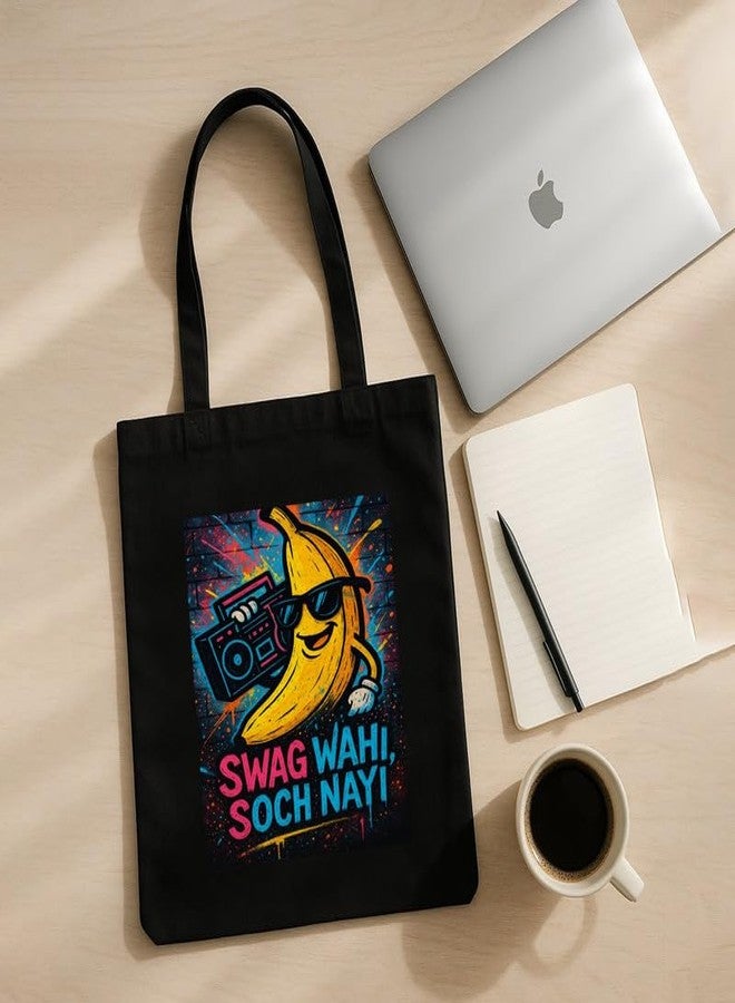 Megrok Swag Wahi Tote Bag for Women | Front A4 Size Printed Pocket | 16x14 Inch Modern Desi Cotton Bag | Contemporary Fusion Culture - Image 5