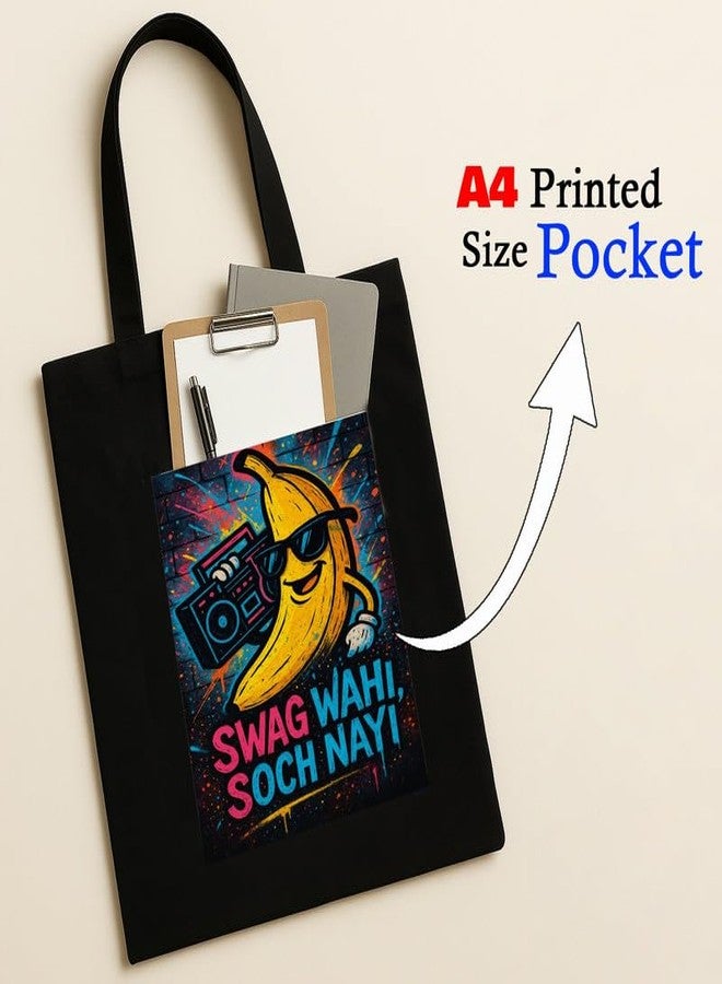 Megrok Swag Wahi Tote Bag for Women | Front A4 Size Printed Pocket | 16x14 Inch Modern Desi Cotton Bag | Contemporary Fusion Culture - Image 2