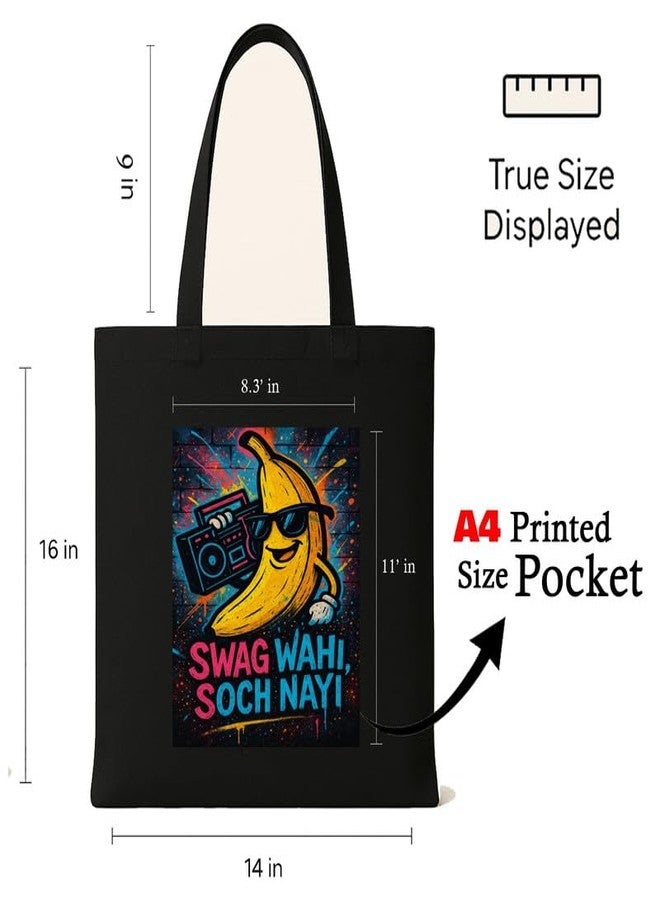 Megrok Swag Wahi Tote Bag for Women | Front A4 Size Printed Pocket | 16x14 Inch Modern Desi Cotton Bag | Contemporary Fusion Culture - Image 3