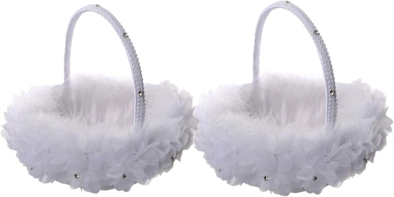 Yuudar 2PCS Wedding Flower Girl Baskets,Cute Handle Flower Girl Basket White Flower Basket for Wedding Decoration (Lace) - Image 1