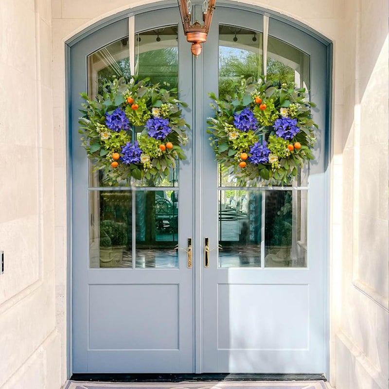 Soomeir Spring Wreaths for Front Door 24 Inch, Summer Wreath Outdoorï¼ŒSilk Hydrangea Wreath with White Blossoms & Mini Mandarins, Rustic Farmhouse Indoor & Outdoor Seasonal Wreath, Spring&Summer Home Decor - Image 4