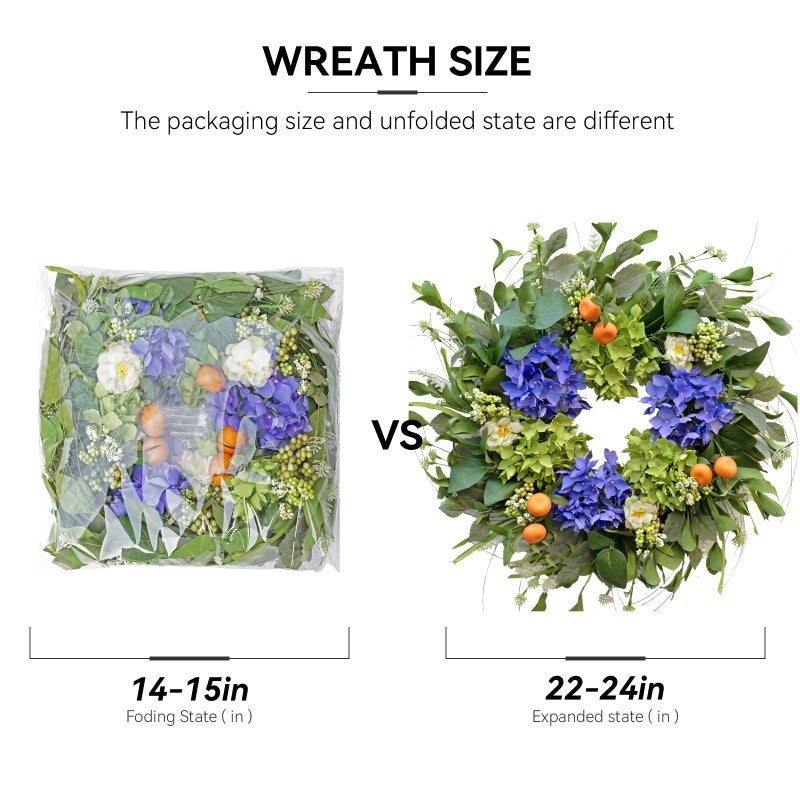 Soomeir Spring Wreaths for Front Door 24 Inch, Summer Wreath Outdoorï¼ŒSilk Hydrangea Wreath with White Blossoms & Mini Mandarins, Rustic Farmhouse Indoor & Outdoor Seasonal Wreath, Spring&Summer Home Decor - Image 5