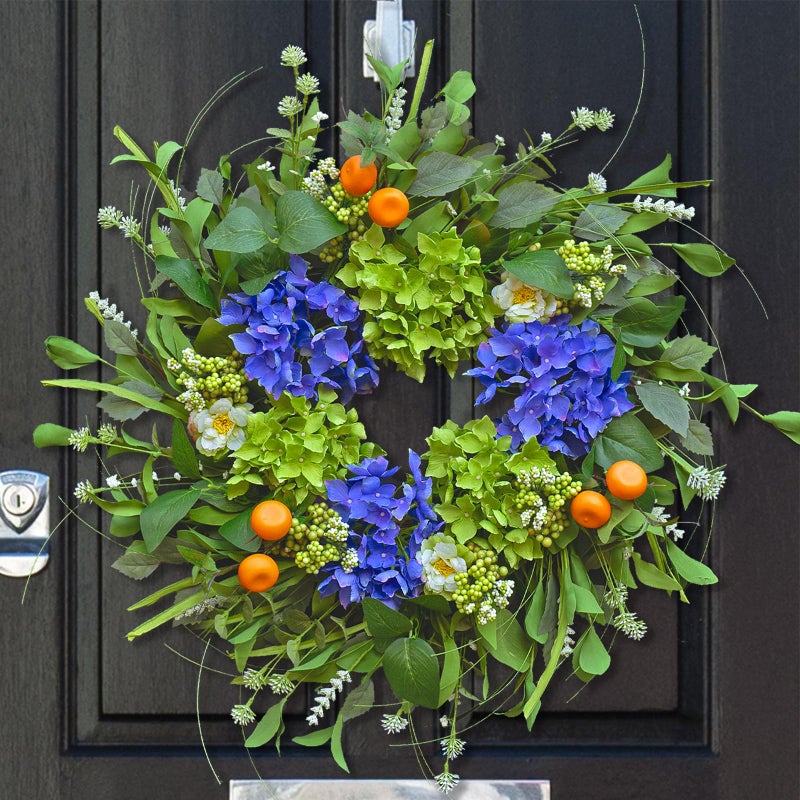 Soomeir Spring Wreaths for Front Door 24 Inch, Summer Wreath Outdoorï¼ŒSilk Hydrangea Wreath with White Blossoms & Mini Mandarins, Rustic Farmhouse Indoor & Outdoor Seasonal Wreath, Spring&Summer Home Decor - Image 1