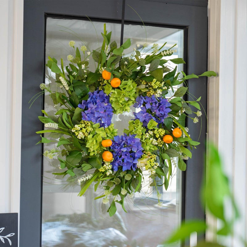 Soomeir Spring Wreaths for Front Door 24 Inch, Summer Wreath Outdoorï¼ŒSilk Hydrangea Wreath with White Blossoms & Mini Mandarins, Rustic Farmhouse Indoor & Outdoor Seasonal Wreath, Spring&Summer Home Decor - Image 3