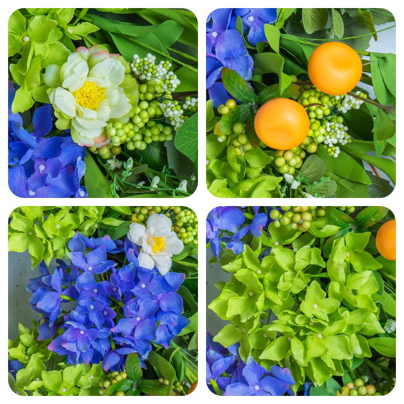Soomeir Spring Wreaths for Front Door 24 Inch, Summer Wreath Outdoorï¼ŒSilk Hydrangea Wreath with White Blossoms & Mini Mandarins, Rustic Farmhouse Indoor & Outdoor Seasonal Wreath, Spring&Summer Home Decor - Image 2