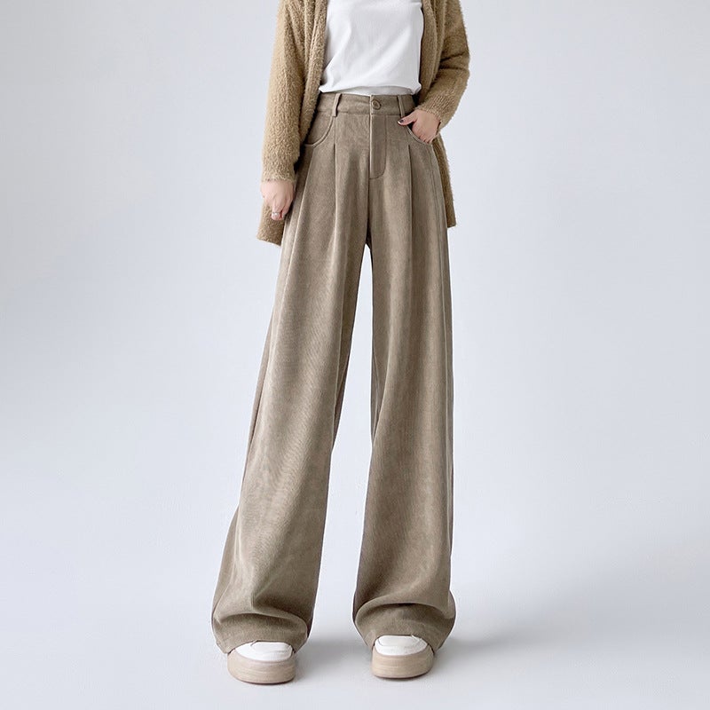Narrow Wide-leg Pants Womens Fall/Winter fleece-lined 2024 New Style Small High Waist Dosing Soft Waxy Chenille Straight Pants Milk tea little man 