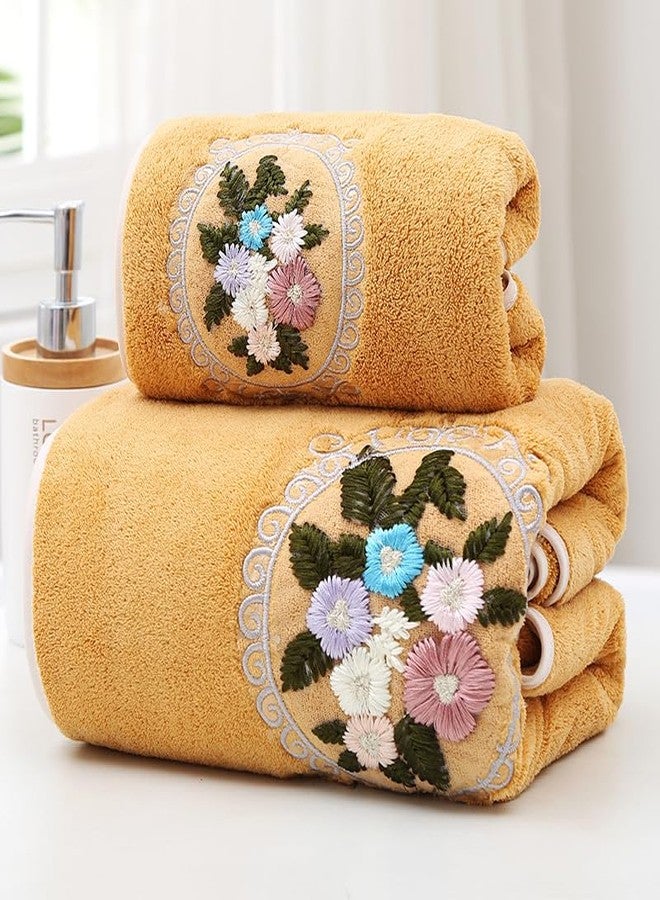 ABREEZE Floral Cluster Embroidered Towel Set,2 Piece,Coral Velvet Soft Absorbent Towels for Bathroom,Yellow(1 Bath Towel,1 Hand Towel) - Image 3
