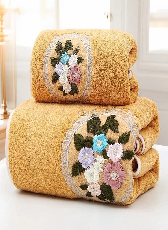 ABREEZE Floral Cluster Embroidered Towel Set,2 Piece,Coral Velvet Soft Absorbent Towels for Bathroom,Yellow(1 Bath Towel,1 Hand Towel) - Image 2