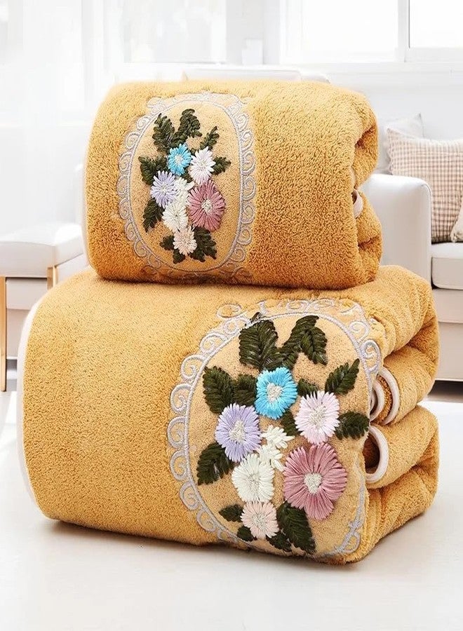 ABREEZE Floral Cluster Embroidered Towel Set,2 Piece,Coral Velvet Soft Absorbent Towels for Bathroom,Yellow(1 Bath Towel,1 Hand Towel) - Image 1