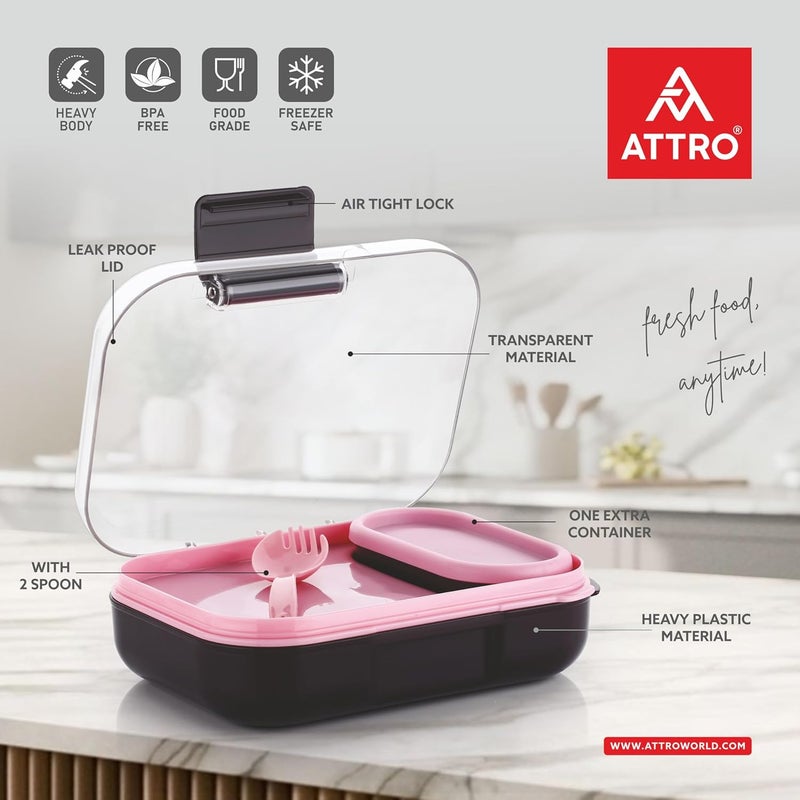 ATTRO صندوق غداء بلاستيكي للأطفال من فود بايت - 3 أقسام، 1 حاوية صغيرة وملعقة، مع غطاء أنيق خالي من BPA، آمن في الفريزر، مثالي للمدرسة والسفر والأنشطة الخارجية - بنفسجي وردي - Image 2