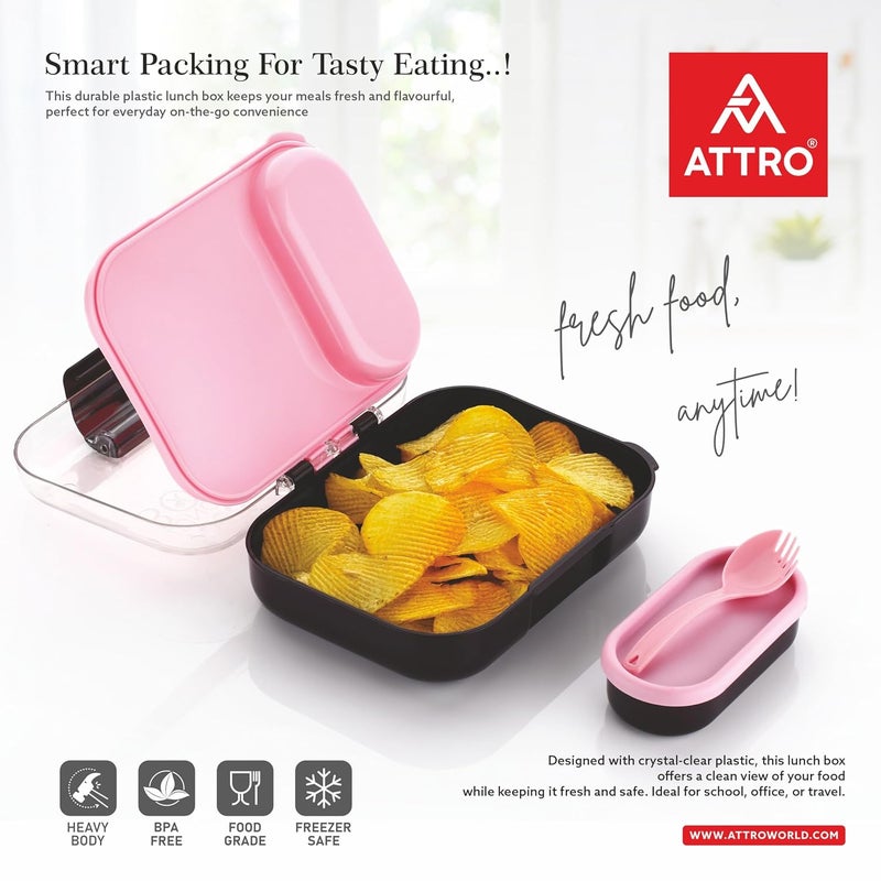 ATTRO صندوق غداء بلاستيكي للأطفال من فود بايت - 3 أقسام، 1 حاوية صغيرة وملعقة، مع غطاء أنيق خالي من BPA، آمن في الفريزر، مثالي للمدرسة والسفر والأنشطة الخارجية - بنفسجي وردي - Image 5