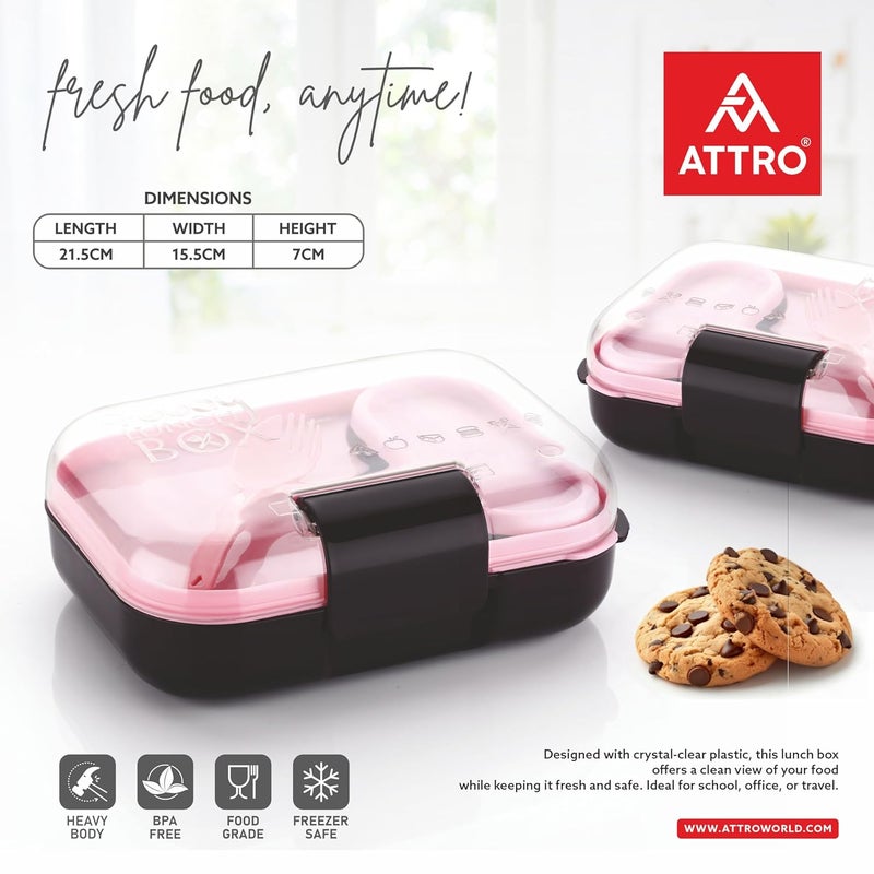 ATTRO صندوق غداء بلاستيكي للأطفال من فود بايت - 3 أقسام، 1 حاوية صغيرة وملعقة، مع غطاء أنيق خالي من BPA، آمن في الفريزر، مثالي للمدرسة والسفر والأنشطة الخارجية - بنفسجي وردي - Image 4