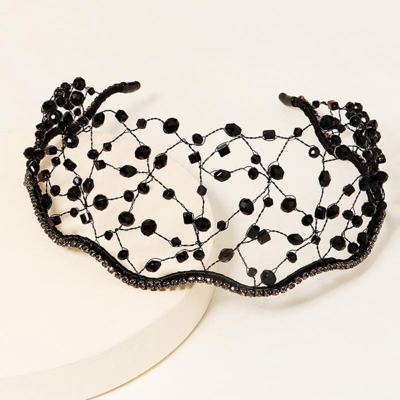 minkissy Bridal Headpiece Wedding Headband Rhinestone Mesh Headband Cap Headpiece Bridal Dance Party Hair Accessories for Women Black - Image 5
