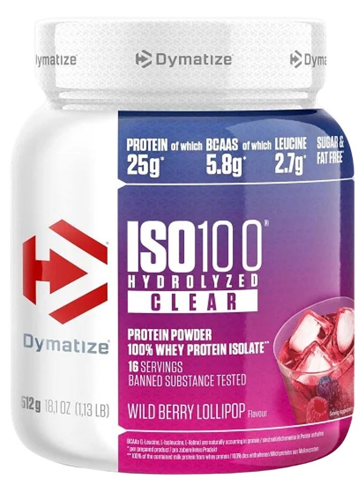ISO100 Clear Whey Hydrolyzed Protein Powder, Wild Berry Lollipop Flavor, 1.1 lb, Sugar Free, Easy Digestion