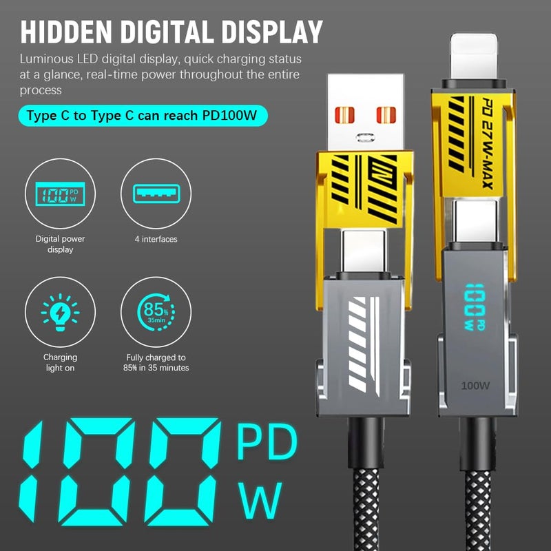 هاسذيب كابل USB-C سرعة 100 واط مزود بشاشة، كابل متعدد الوظائف من نوع USB-C إلى كابلات أخرى، شاحن متعدد من نوع Type-C/USB-A بمواصفات معدنية، مناسب لأجهزة iPhone 15/14 Pro Max، iPad، MacBook، AirPods Pro، Samsung، Google (طول الكابل: 1 متر). - Image 3