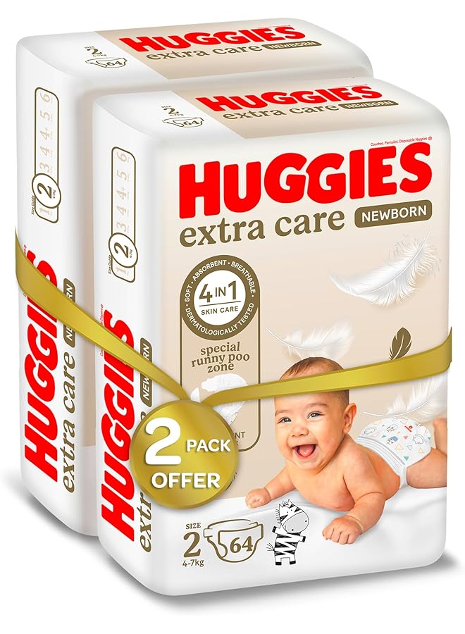 HUGGIES Extra Care Newborn Size 2 4 7 Kg Twin Jumbo Pack 128 Diapers (Pack Of 3) - Image 2
