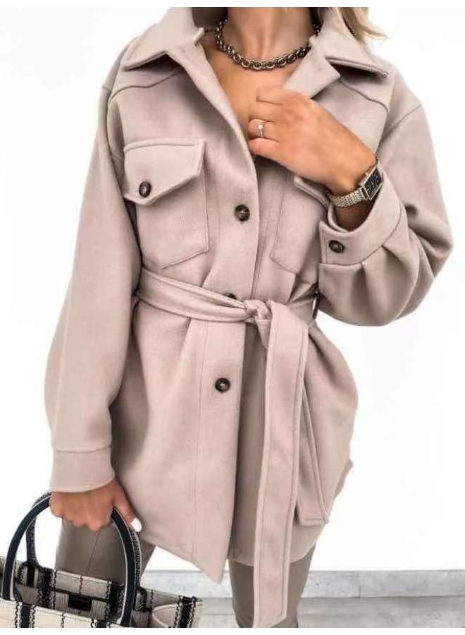 Source Direct European And American Women's Clothing Autumn And Winter New Fashion Solid Color Single-breasted Lace Waist Wool Coat Women