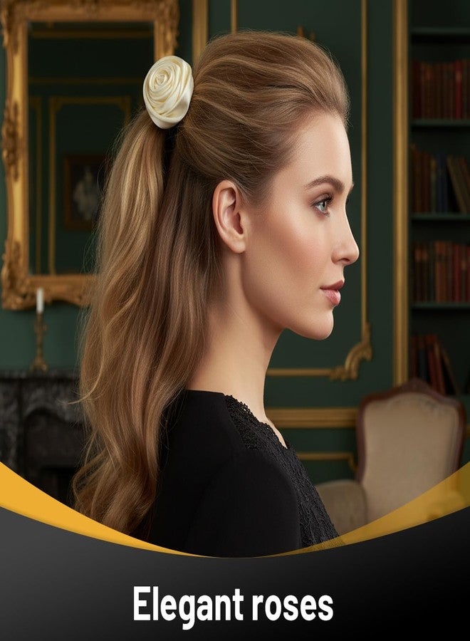 4 ربطات شعر مزينة بزهرة الورد الأبيض للنساء، ربطات شعر مطاطية مزينة بالزهور من الساتان للنساء، ربطات شعر مطاطية لحفلات الزفاف والخطوبة، مجوهرات شعر للنساء والفتيات - Image 4