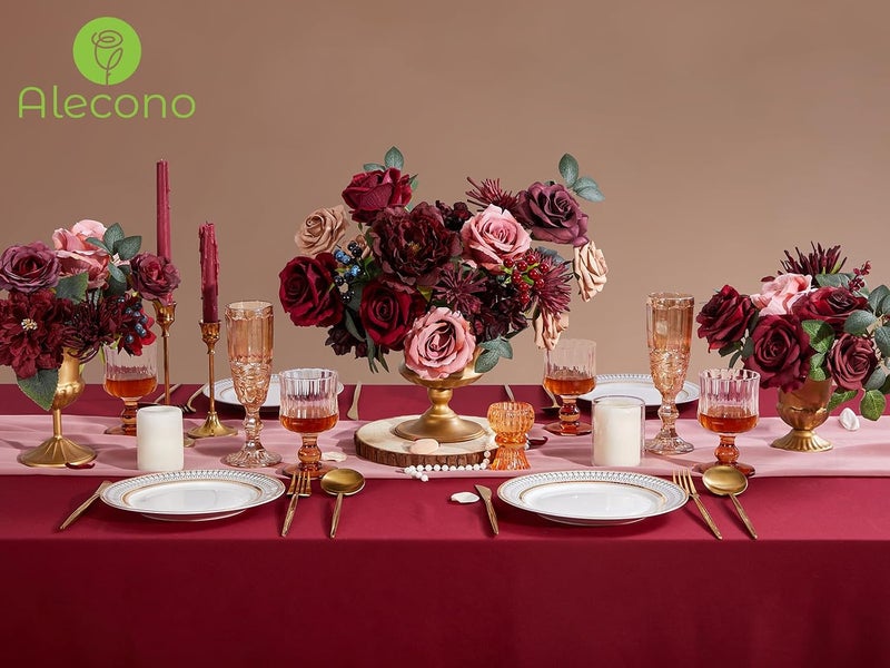 Alecono أليكونو زهور صناعية، زهور حريرية بورجندي لصنع باقات الزفاف DIY، زهور كعكة حمراء لزينة طاولة الزفاف وأعياد الميلاد والمنزل - Image 3