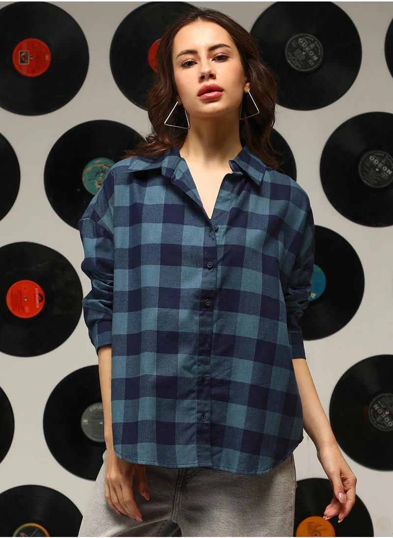 كامبوس سوترا Women's Prussian Blue Buffalo-Check Oversized Shirt