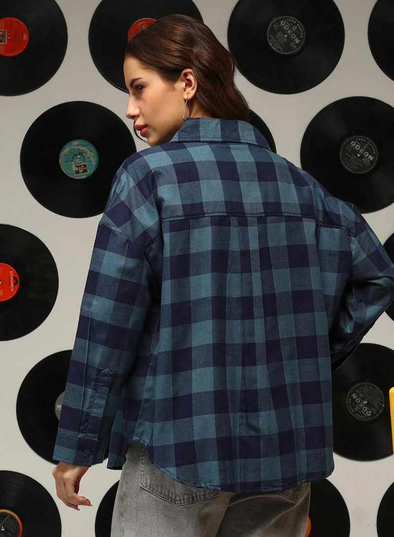 Campus Sutra Women's Prussian Blue Buffalo-Check Oversized Shirt