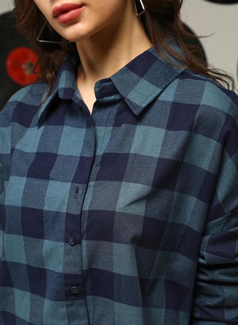 Campus Sutra Women's Prussian Blue Buffalo-Check Oversized Shirt