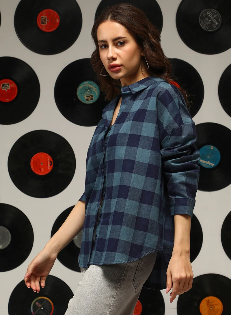 Campus Sutra Women's Prussian Blue Buffalo-Check Oversized Shirt