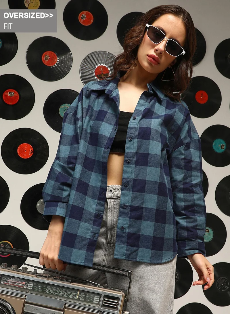 Campus Sutra Women's Prussian Blue Buffalo-Check Oversized Shirt For Casual Wear | Spread Collar | Long Sleeves | Button Closure | Oversized Shirt Crafted With Comfort Fit For Everyday Wear