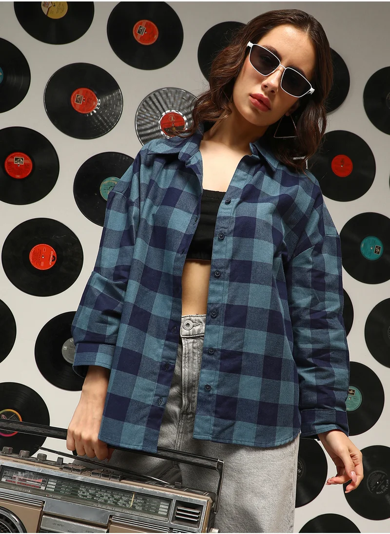 Campus Sutra Women's Prussian Blue Buffalo-Check Oversized Shirt