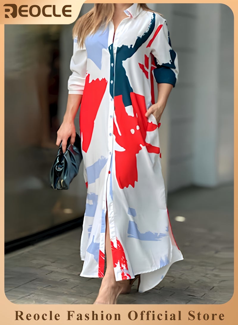 ريوكل فستان طويل بقميص وأزرار للإغلاق للنساء، فساتين ماكسي كاجوال بأكمام طويلة لفصل الربيع والصيف مع جيب وعلامة تبويب للأكمام وياقة - Image 1