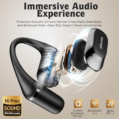 OHAYO Open Ear Headphones,Over Ear Earbuds with Ergonomic Earhook,Bluetooth Headphones 5.4 with Smart Digital Display,40H Playtime,IPX6 Waterproof,Touch Control Operate Fit Cycling,Running,Workout(Black) - Image 4