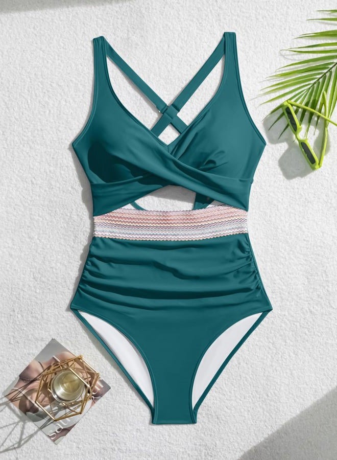 B2prity One Piece Swimsuit for Women Tummy Control V Neck Bathing Suit Color Block High Waisted Cutout Swimwear, Green, M - Image 5