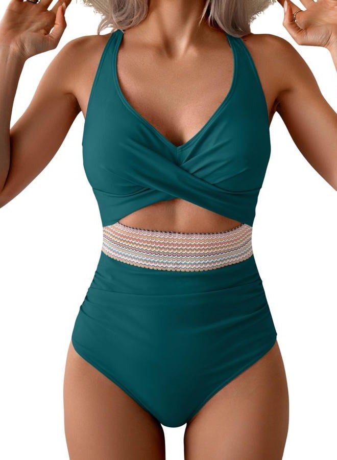 B2prity One Piece Swimsuit for Women Tummy Control V Neck Bathing Suit Color Block High Waisted Cutout Swimwear, Green, M - Image 1